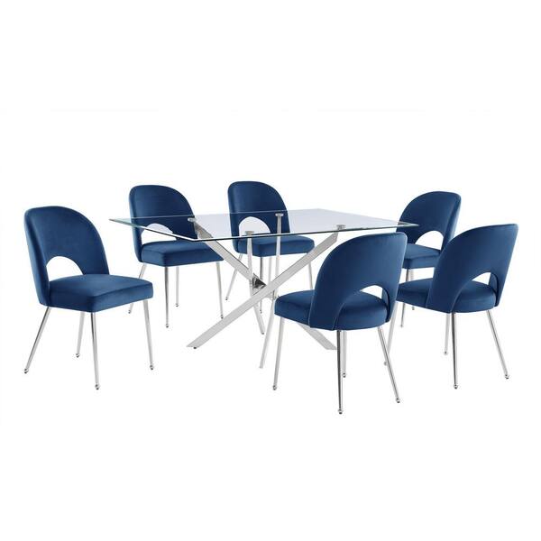 Best Quality Furniture Peter 7-Piece Tempered Glass Top and Navy Blue Table Set Seats 6