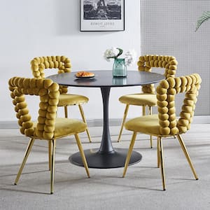 Yellow and Gold Fabric Upholstered Modern Accent Chair, Side Chair, Dining Chair with Iron Tube Legs and Hairball Back