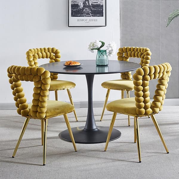 YOFE Yellow and Gold Fabric Upholstered Modern Accent Chair, Side Chair, Dining Chair with Iron Tube Legs and Hairball Back