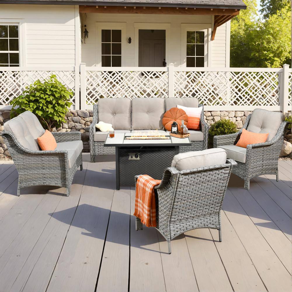 Eureka 5-Piece Modern Wicker Outdoor Patio Conversation Sofa Seating Set with Metal Fire Pit and Beige Cushions price history on PriceWatchPro