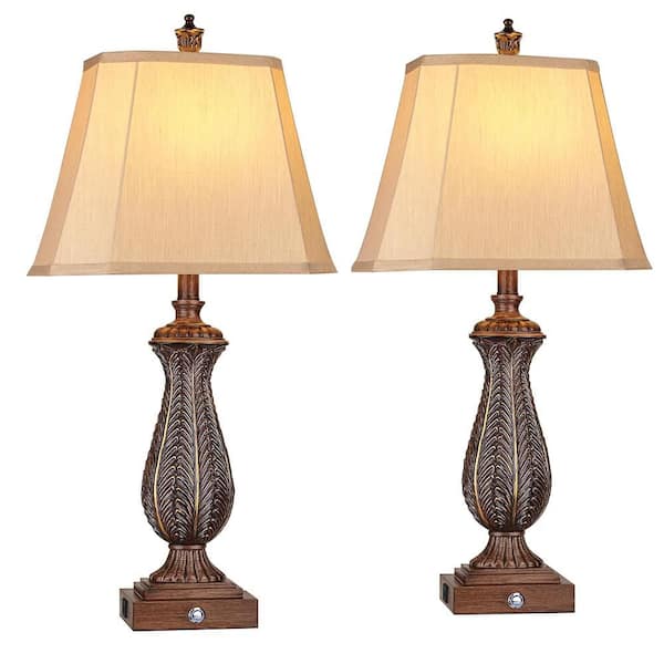 30 in. Brown Mermaid Farmhouse Table Lamps, Touch Bedroom Lamps with USB Ports 2-Bulbs Resin Rustic Lamp for Living Room