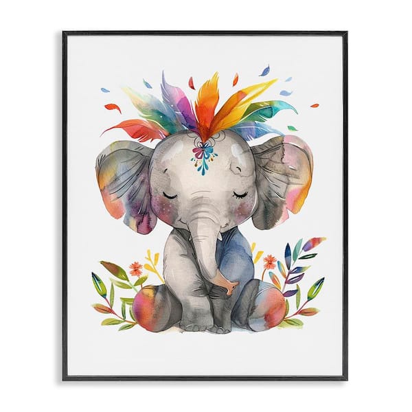 Stupell Industries Rainbow Blooms Elephant by LSR Design Studio Black Framed Animal Giclee Art Print 20 in. x 16 in.
