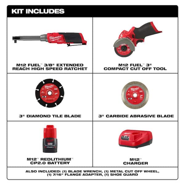 M12 FUEL 12V Lithium-Ion 3/8 in. Brushless Cordless Ratchet Extended Reach High Speed Kit with Cut Off Saw