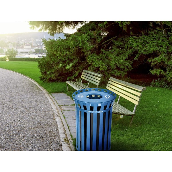 38 Gal. Outdoor Metal Slatted Vented Commercial Recycling Bin Receptacle, Blue