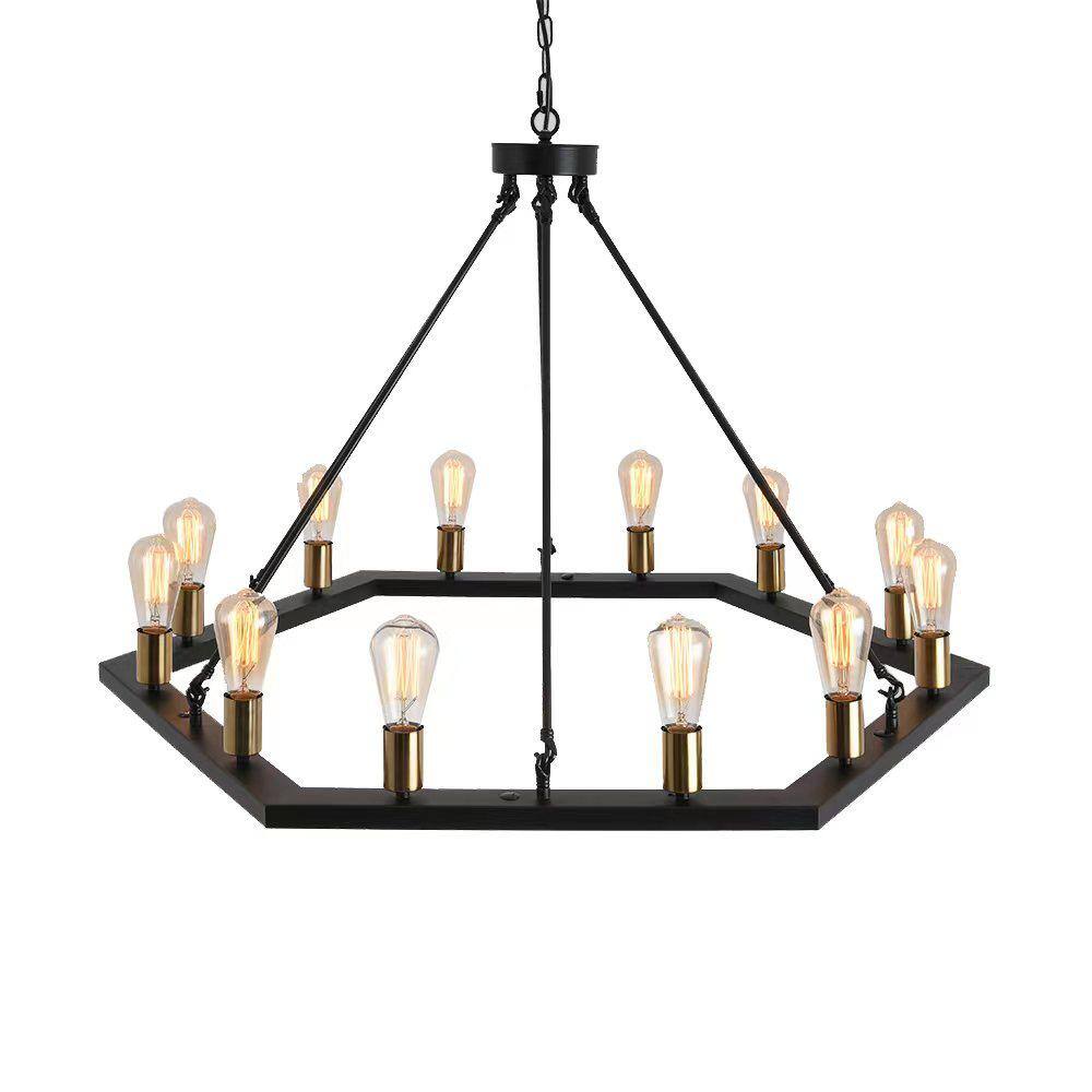 41.73 in. W 12-Light Medieval Black Iron Hexagonal Chandelier with Adjustab