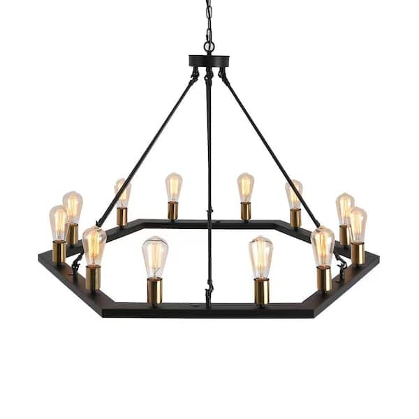 Unbranded 41.73 in. W 12-Light Medieval Black Iron Hexagonal Chandelier with Adjustable Height Geometric Island Ceiling Light