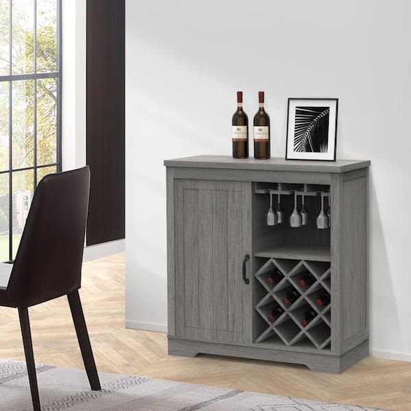 HAWOO Grey 31.5 in. x 32.5 in. Storage Wine Cabinet with Wine Rack