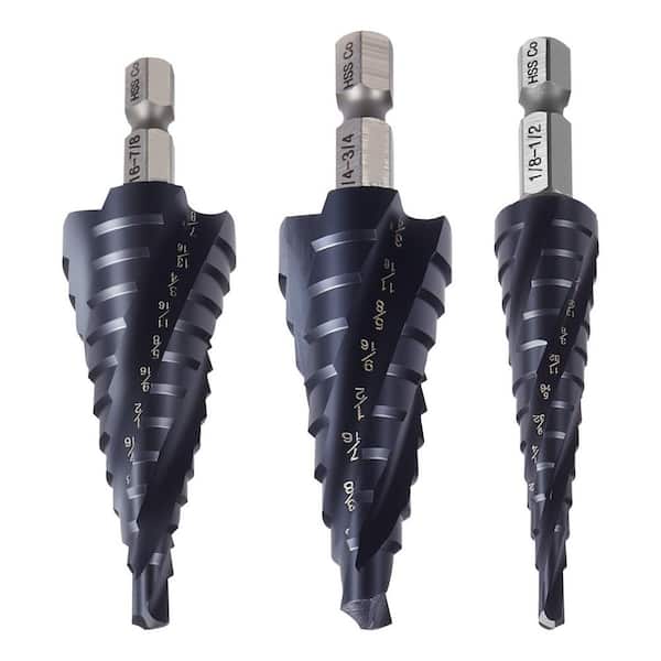Step Drill Bit Set, Tialn Coating Cobalt HSS High Speed Steel, (3-Pieces ) Step Drill Bit, 1/4 in. Hex Shank