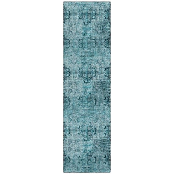 Teal Blue 2 ft. x 8 ft. Woven Floral;Medallion Polyester Runner Indoor / Outdoor Area Rug