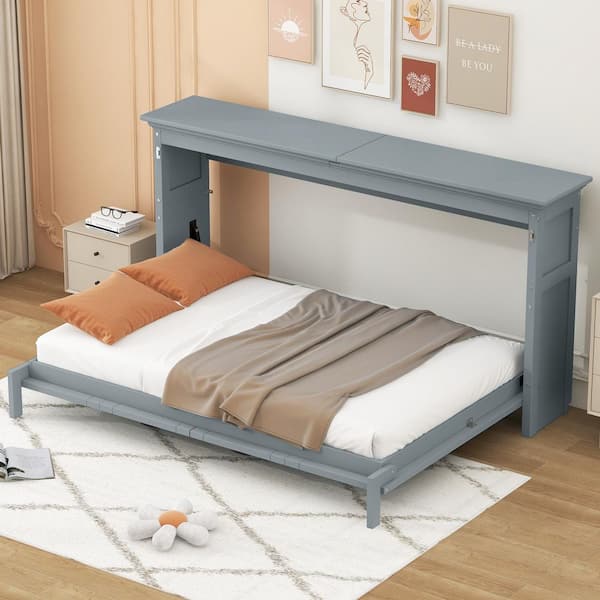 Gray Wood Frame Twin Size Murphy Bed, Folding Wall Bed