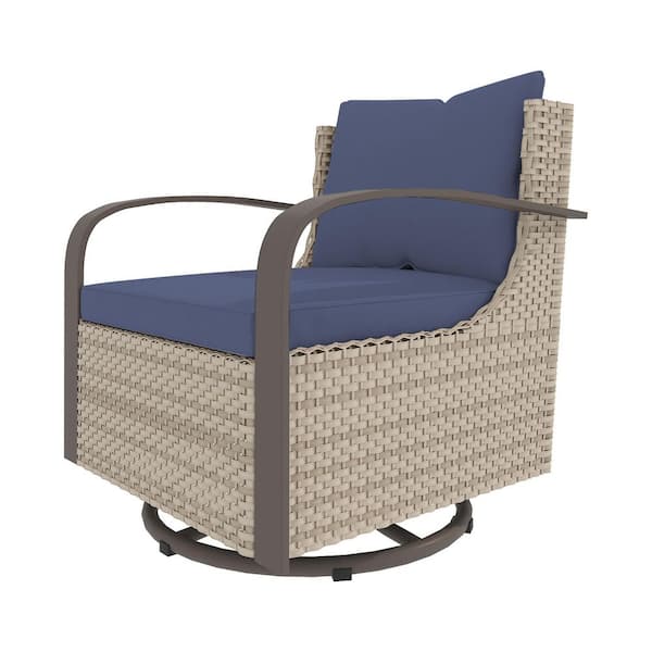 Wicker Outdoor Rocking Chair Patio Swivel with Blue Cushions