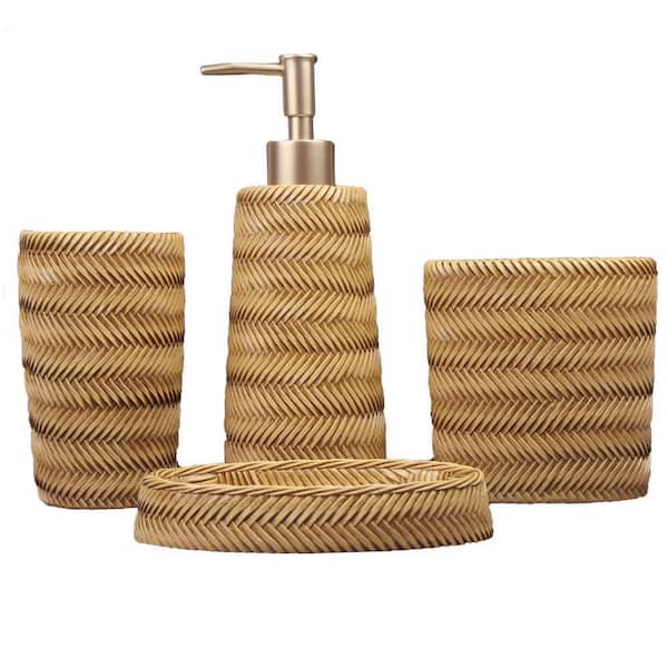 Dracelo 4-Piece Bathroom Accessory Set with Toothbrush Cup, Soap Dispenser, Soap Dish, Tumbler in Gold