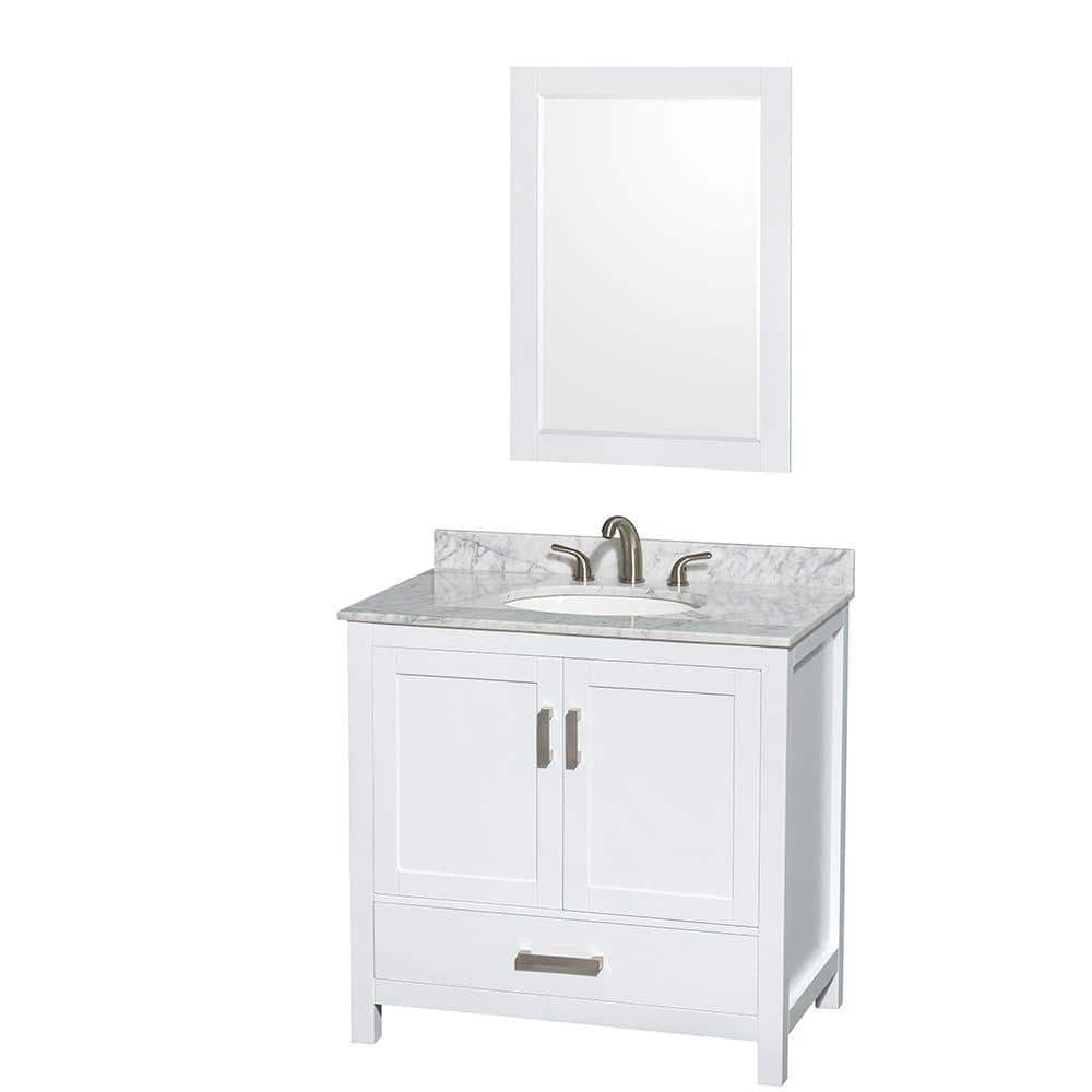 "Sheffield 36 in. W x 22 in. D x 35 in. H Single Bath Vanity in White with White Carrara Marble Top and 24"" Mirror" price history on PriceWatchPro