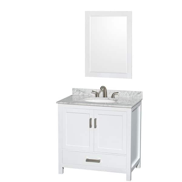 Wyndham Collection Sheffield 36 in. W x 22 in. D x 35 in. H Single Bath Vanity in White with White Carrara Marble Top and 24" Mirror