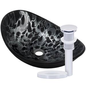 Tartaruga Oval Glass Vessel Sink in Painted Black with Drain and Assembly in Chrome