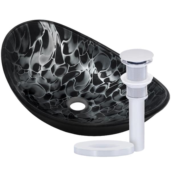 Novatto Tartaruga Oval Glass Vessel Sink in Painted Black with Drain and Assembly in Chrome