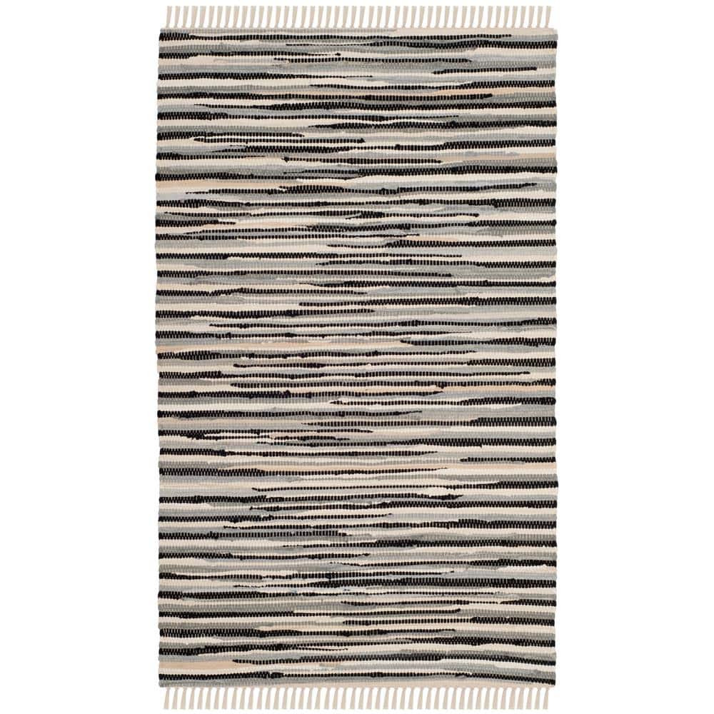 Handmade Black and White Striped Wool Cotton Rug 2' x 3'