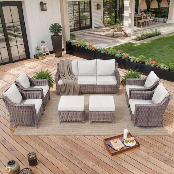 moosprr 7-Piece Brown Wicker Patio Conversation Set with Beige Olefin Cushions and Swivel Glider Chairs/Ottomans/Couch