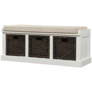 White Storage Bench with Removable Cushion and 3-Rattan Basket 43.7 in. L x 15.7 in. W x 17 in. H