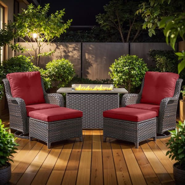5-Piece Brown Wicker Fire Pit Conversation Set with Olefin Red Cushions and Curved Arm Swivel Gliders and Ottoman