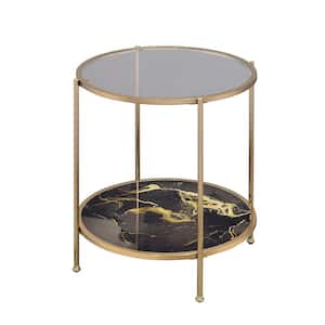 Fiorella 23 in. Black Marble Print and Champagne Finish Round Wood End Table