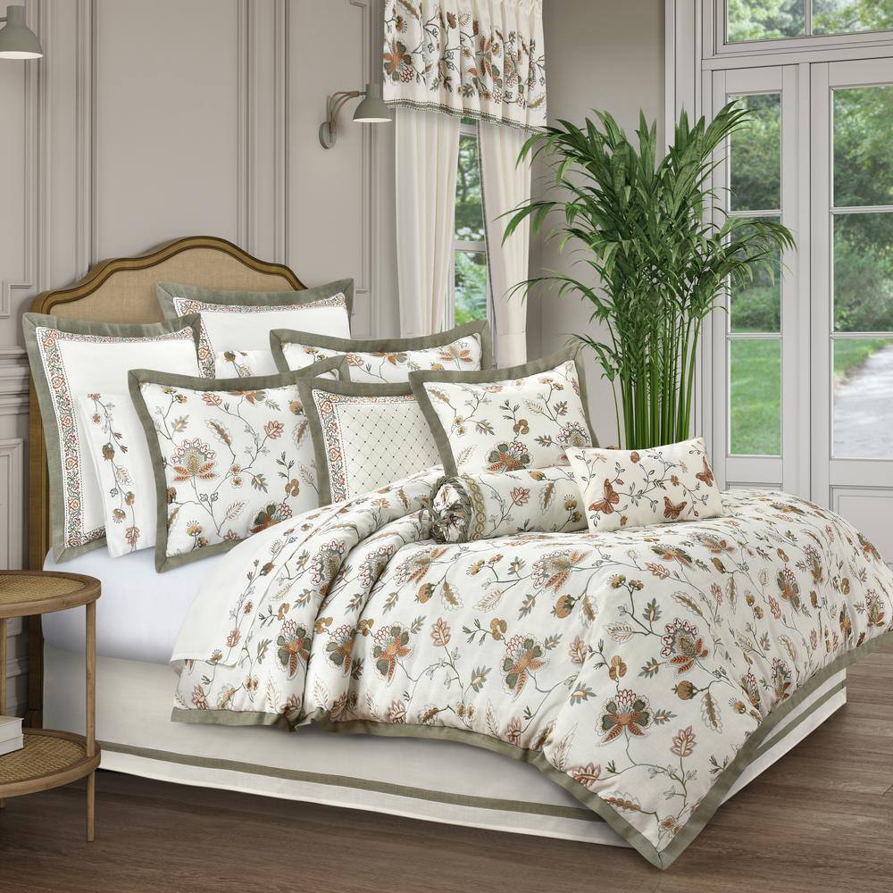 Cream and Sage Embroidered Euro Sham with Faux Linen