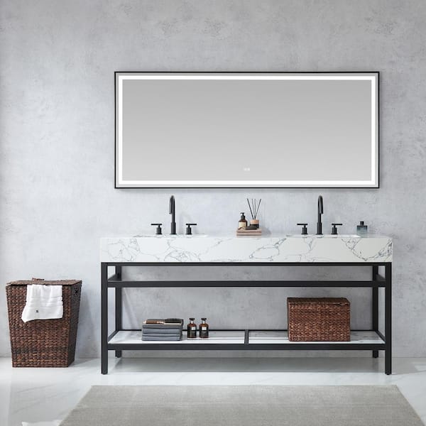 ROSWELL Ecija 72 in.W x 22 in.D x 33.9 in.H Double Sink Bath Vanity in Matte Black with White Stone Top