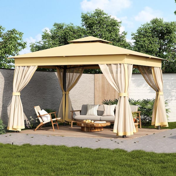 10 ft. x 12 ft. Beige Outdoor Gazebo Tent with Double Roofs Patio Gazebo with Mosquito Netting Patio Canopy