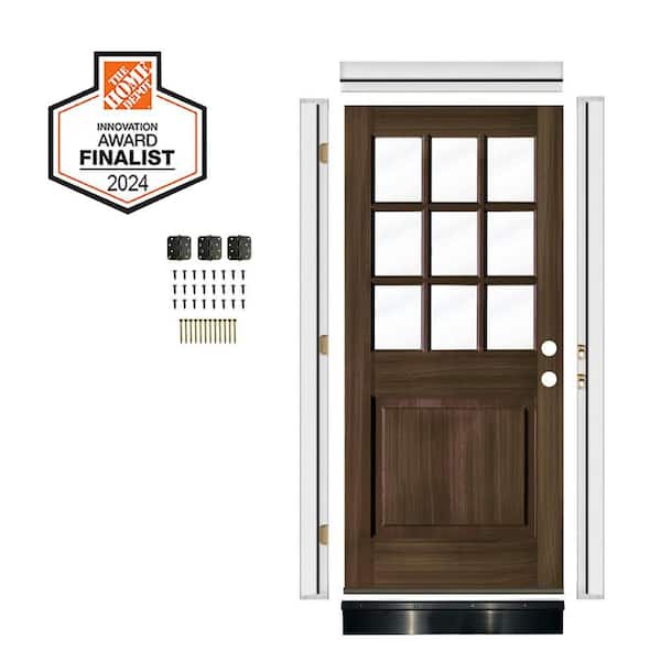 DIY 36 in. x 80 in. Hemlock Left-Hand 9-Lite Clear Glass Black Stain Wood Front Door Kit w/ Quick Assemble Jamb