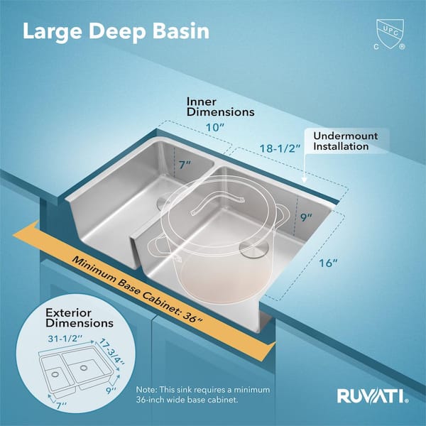 Ruvati Modena 32 in. Undermount 30/70 Double Bowl 16-Gauge