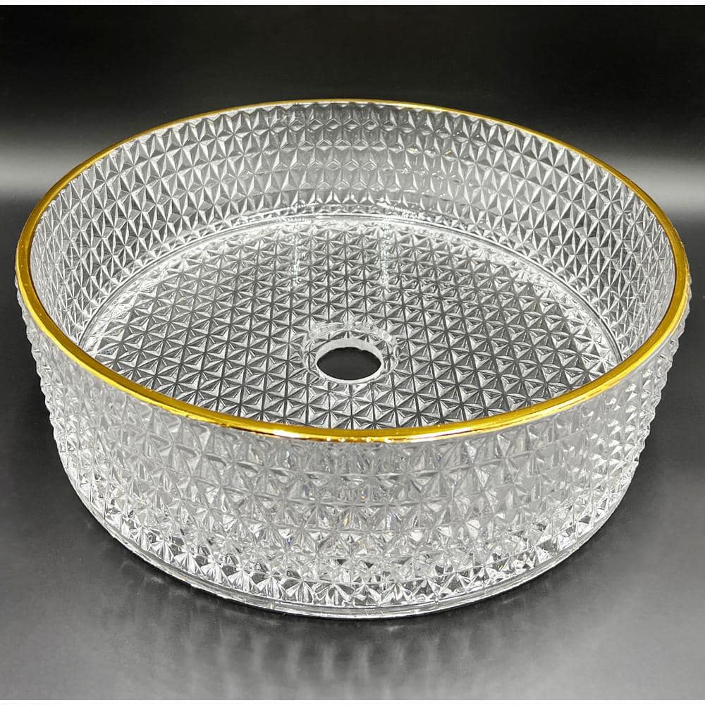 16" Clear and Gold Glass Circular Bathroom Vessel Sink