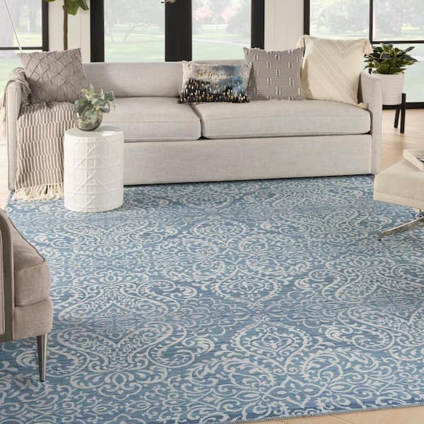 Washables Aqua 8 ft. x 10 ft. Damask Contemporary Machine Washable Area Rug