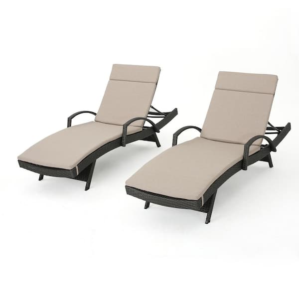 Noble House Salem Gray Faux Rattan Outdoor Armed Chaise Lounges with Beige Cushion (Set of 2)