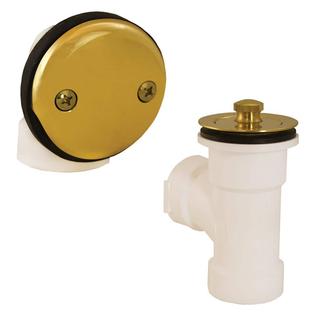 JONES STEPHENS Toe Touch White Plastic Tubular 2-Hole Bath Waste and  Overflow Tub Drain Direct T-Waste Full Kit in Polished Brass B07126 - The  Home Depot