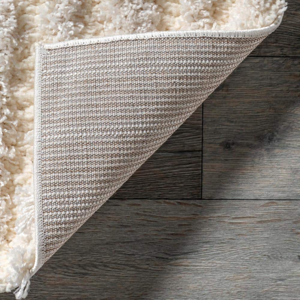 Beige and Off-White High Pile Abstract Shag Runner Rug
