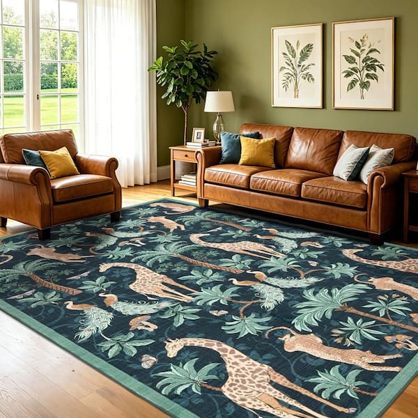 Dark Blue 9 X 12 ft. Jungle Animal Washable Low Pile Area Rug, Soft Non-Slip Indoor Stain Resistant Carpet for Indoor