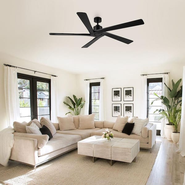 MLiAN 64 in. DC Indoor Black Ceiling Fan without Lights, 5 Reversible Carved Solid Wood Blades Remote Control