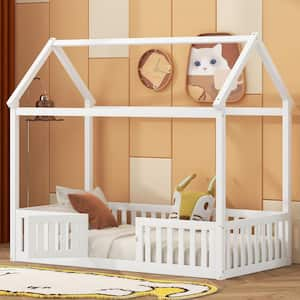 White Twin Size Wood House Bed with Fence and Door