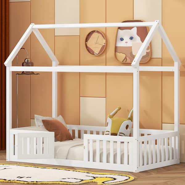Harper & Bright Designs White Twin Size Wood House Bed with Fence and Door