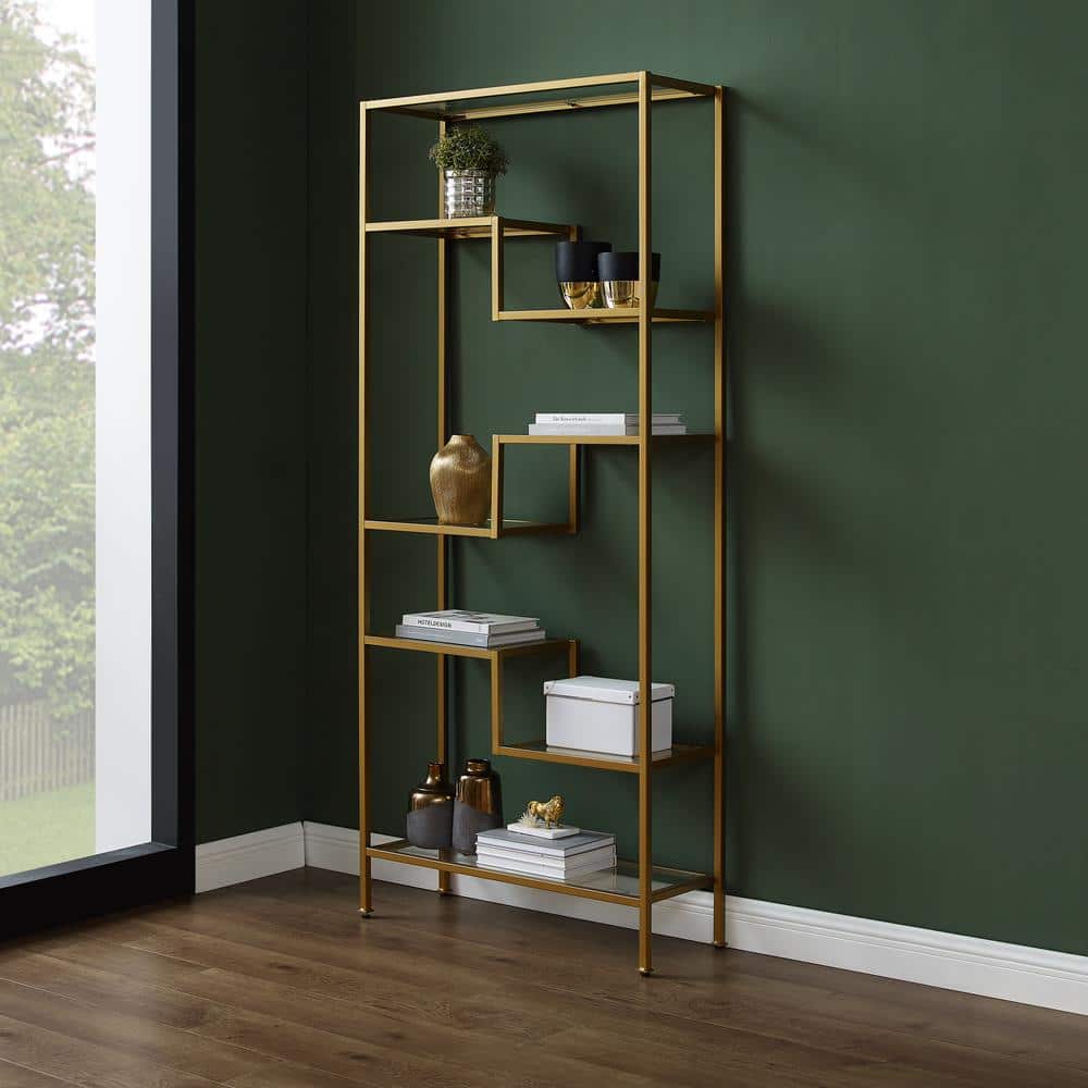 Sloane Gold Steel Geometric Etagere with Glass Shelves