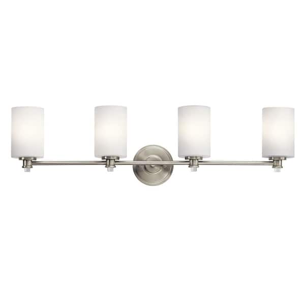Joelson 34 in. 4-Light Brushed Nickel Transitional Bathroom Vanity Light with Satin Etched Cased Opal Glass