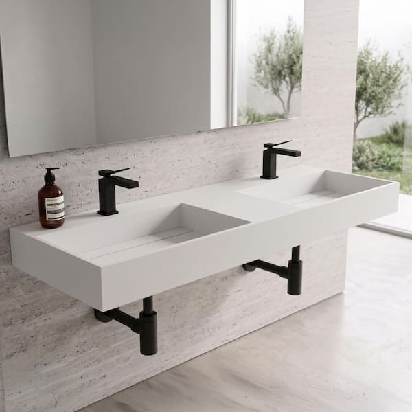 Juniper 72 in. Wall Mount Solid Surface Double-Basin Rectangle Bathroom Sink in Matte White