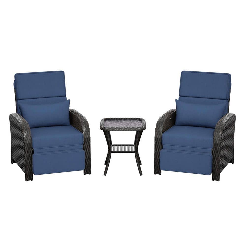 3-Piece Brown Wicker Patio Conversation Set Adjustable Recliner Chair with Side Table and Blue Cushions price history on PriceWatchPro