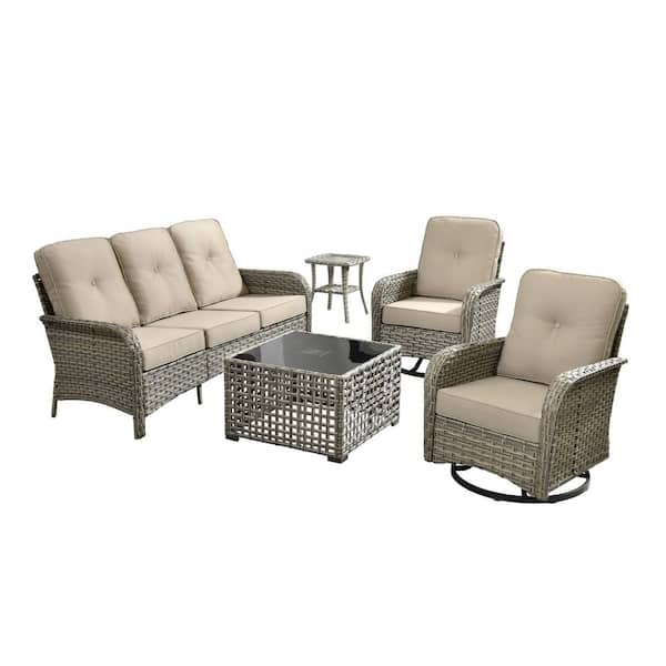 Beverly Gray 5-Piece Wicker Outdoor Patio Conversation Sofa Set with Swivel Rocking Chairs and Beige Cushions