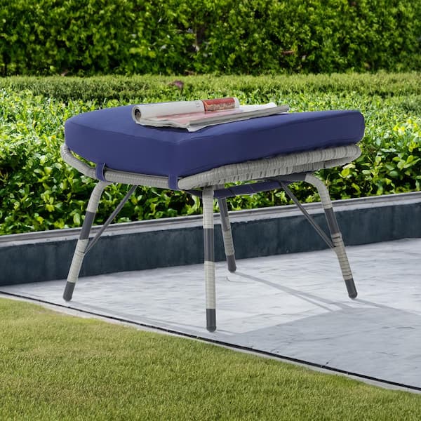 BFB Gray Wicker Outdoor Ottoman with Navy Blue Cushion 1 Pack