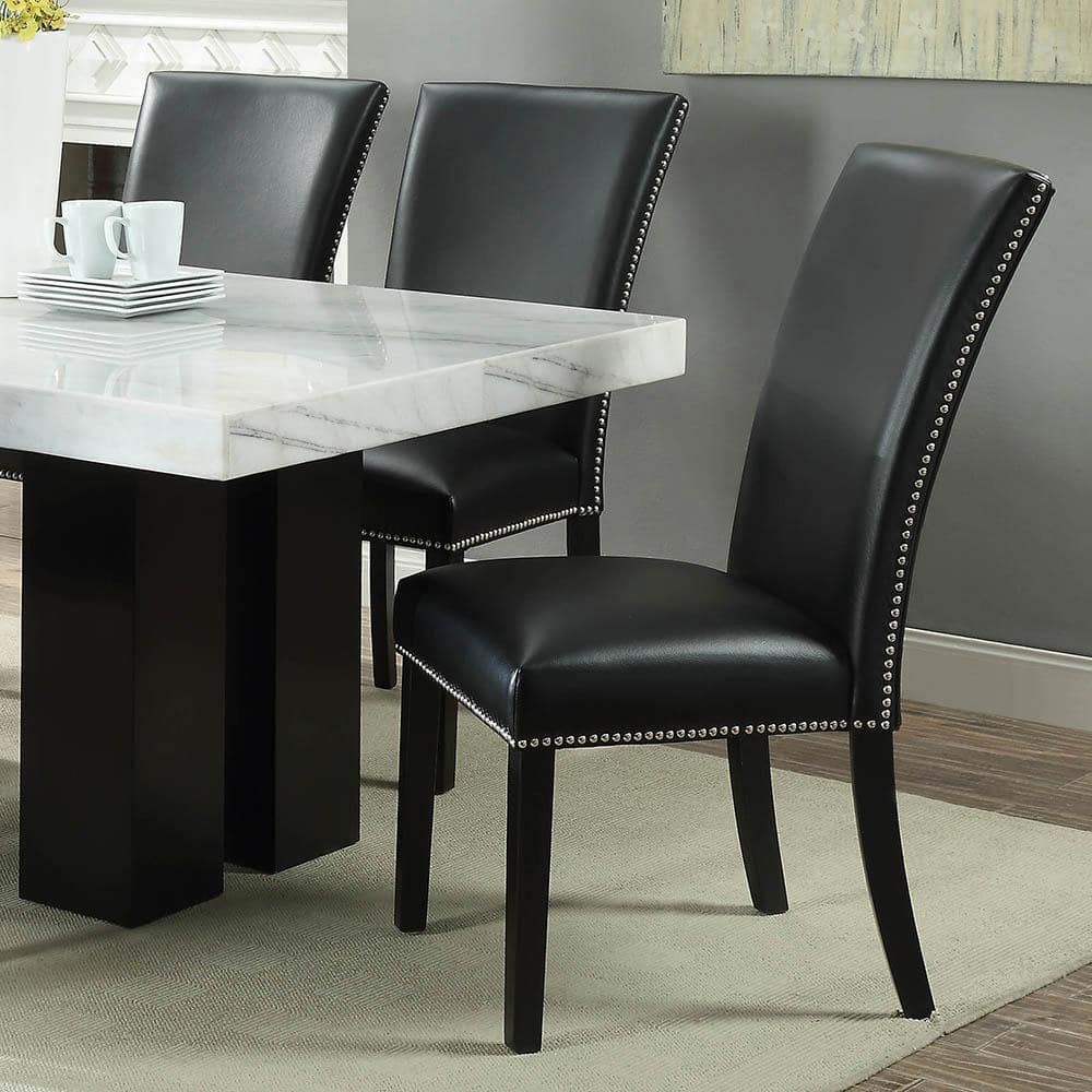 Camila Black Faux Leather Upholstered Side Chair Set with Silver Accents