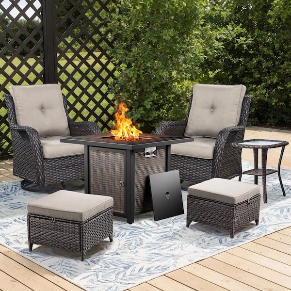 Brown Rattan Wicker 6-Piece Outdoor Patio Conversation Set with Beige Cushions, Square Fire Pit Table