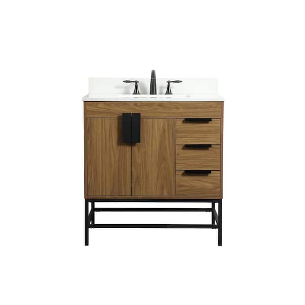 Unbranded Simply Living 32 in. W x 22 in. D x 33.5 in. H Bath Vanity in Walnut Brown with Ivory White Engineered Marble Top