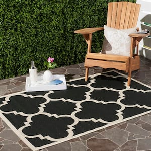 Courtyard Black/Beige Doormat 3 ft. x 5 ft. Geometric Indoor/Outdoor Patio Area Rug