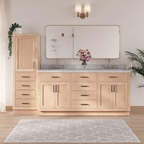 Hepburn 2-Piece Set 72 in. Double Sink Bathroom Vanity and Linen Cabinet with Carrara White Quartz Top in Oak